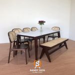 Set Kursi Meja Makan Top Marmer Minimalis Kombinasi Kayu Jati & Rotan SJF-SKMM 03 - Image 3