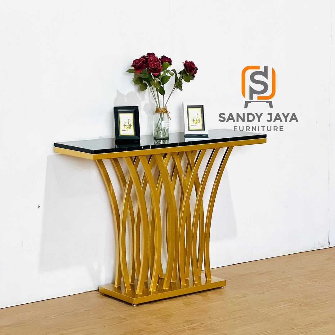 Meja Konsol Minimalis Mewah Kaki Stainless Gold dan Top Table Marmer Hitam