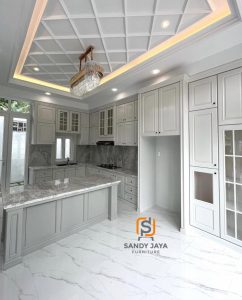 Kitchen set minimalis modern warna putih dengan kabinet elegan