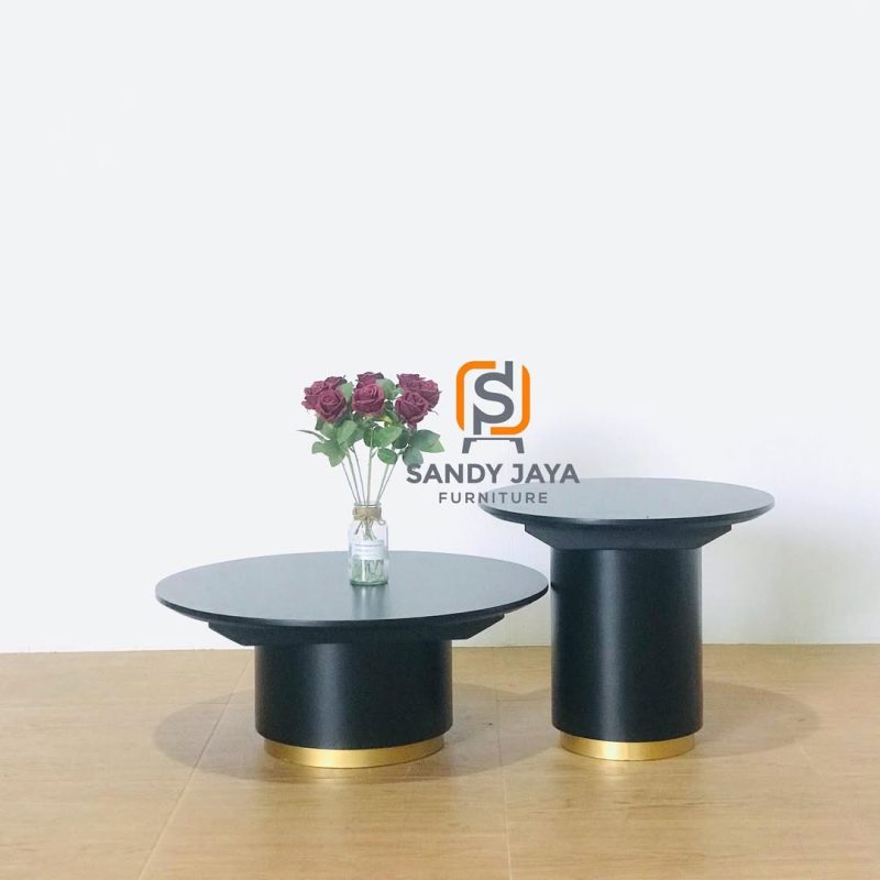 Meja tamu bulat set 2 warna hitam minimalis elegan dengan aksen gold