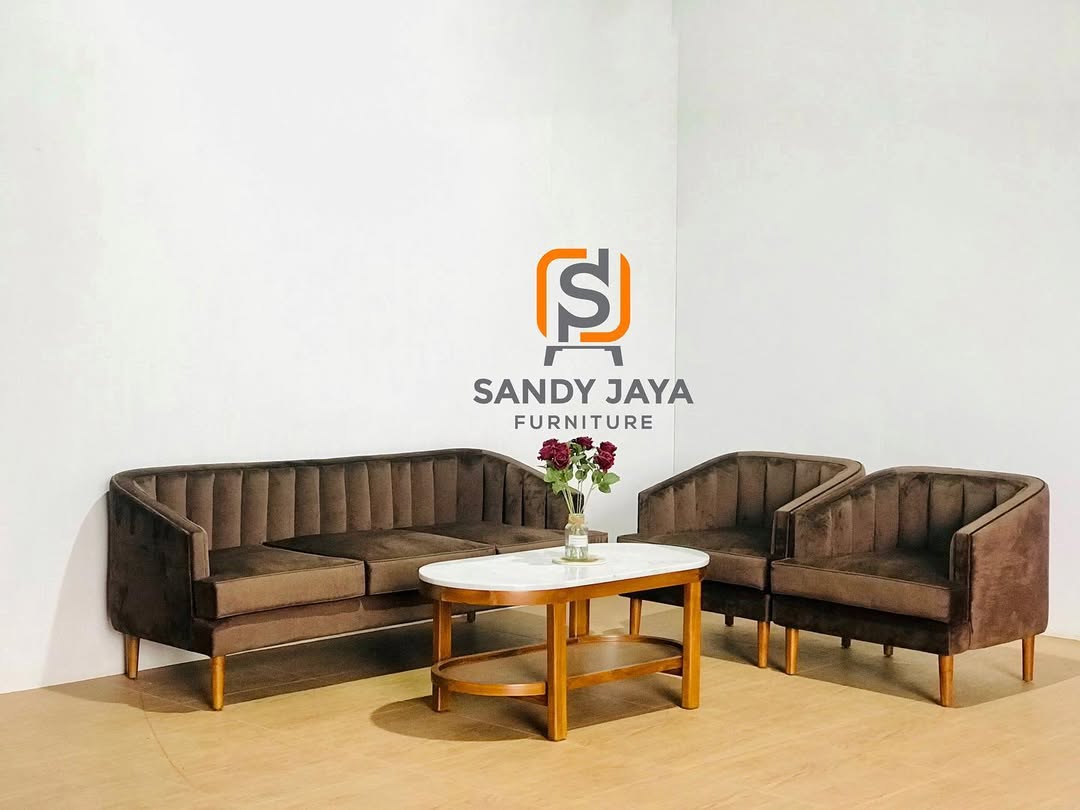 Set sofa tamu minimalis warna cokelat lengkap dengan meja tengah dari Sandy Jaya Furniture