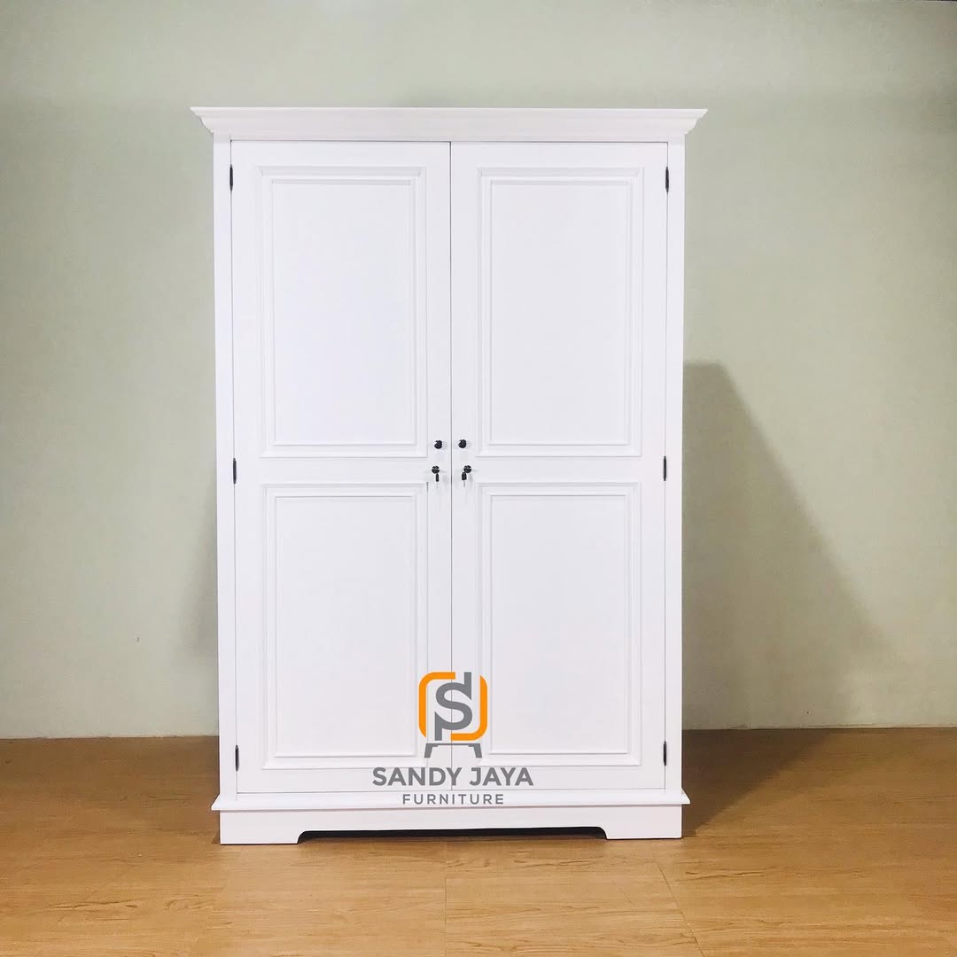 Lemari pakaian minimalis modern 2 pintu warna putih dengan desain elegan untuk kamar tidur