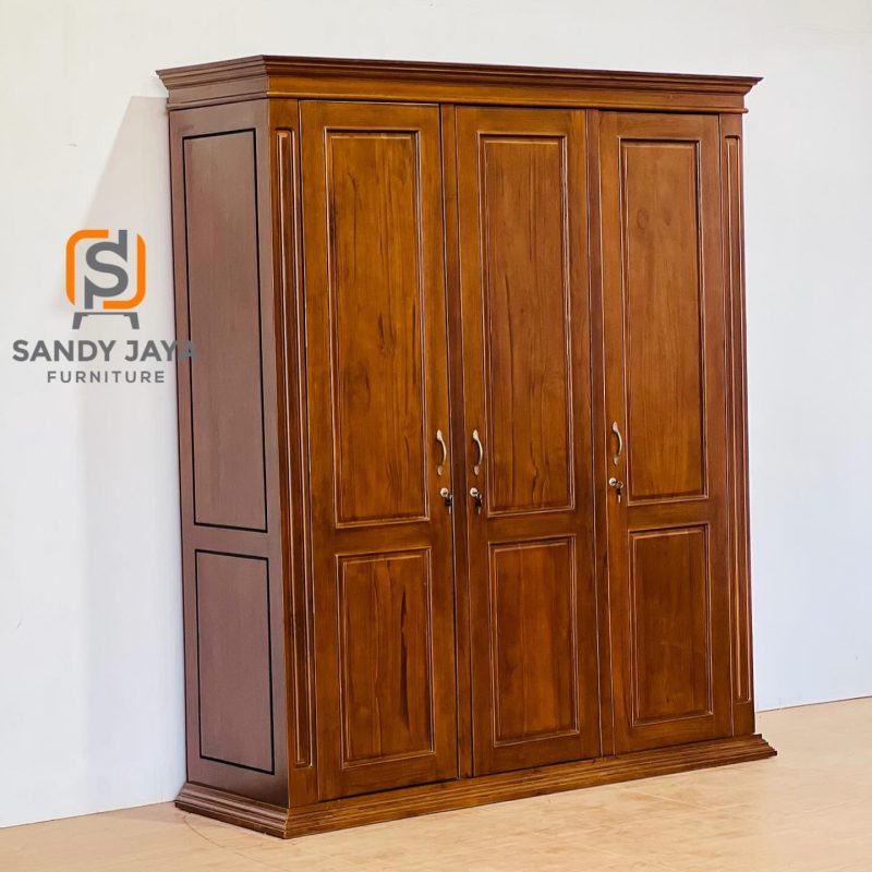 Lemari pakaian minimalis kayu jati 3 pintu warna natural dari Sandy Jaya Furniture