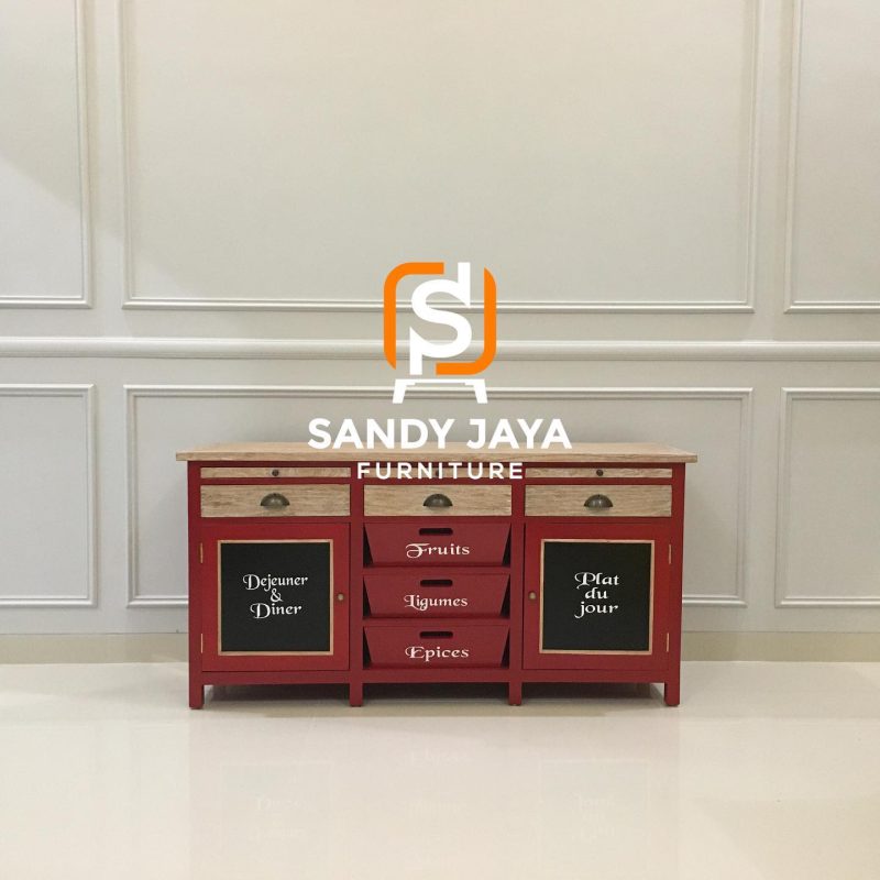Buffet vintage merah Sandy Jaya Furniture dengan top kayu natural, laci penyimpanan, kabinet papan tulis, dan desain klasik untuk dapur atau ruang makan