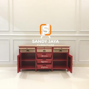 Buffet vintage merah Sandy Jaya Furniture dengan top kayu natural, laci penyimpanan, kabinet papan tulis, dan desain klasik untuk dapur atau ruang makan