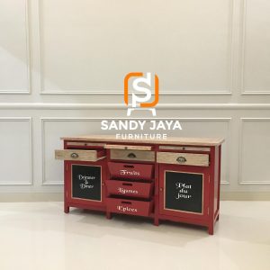 Buffet vintage merah Sandy Jaya Furniture dengan top kayu natural, laci penyimpanan, kabinet papan tulis, dan desain klasik untuk dapur atau ruang makan