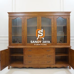 Lemari display kayu jati natural untuk pajangan dan penyimpanan
