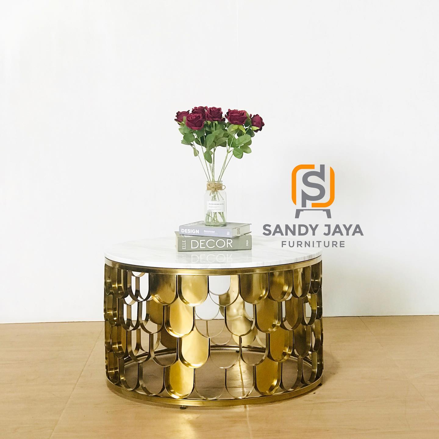 Meja bundar marmer stainless gold mewah untuk ruang tamu modern