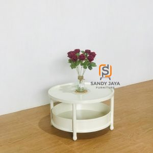 Meja Tamu Bundar Putih 2 Tingkat dengan Desain Minimalis dan Elegan