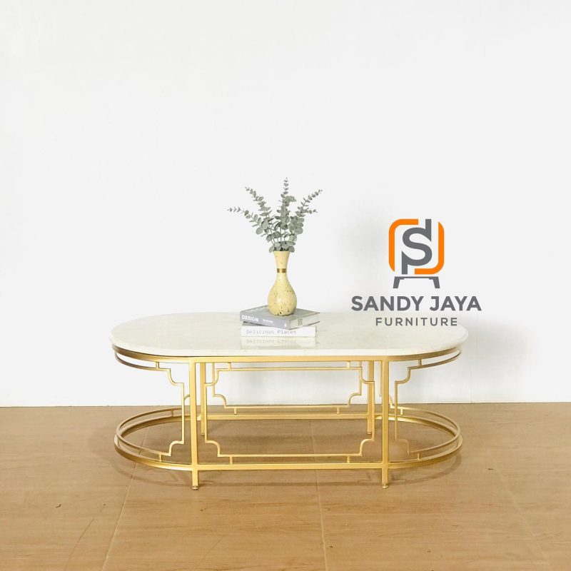 Meja tamu oval marmer dengan rangka stainless gold Sandy Jaya Furniture