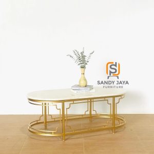 Meja tamu marmer stainless gold oval desain modern elegan