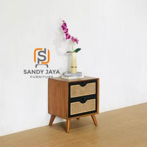 Meja nakas kayu jati desain minimalis warna natural dengan dua laci