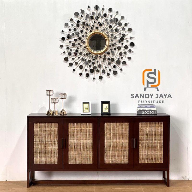 Bufet Minimalis Kayu Jati Kombinasi Rotan Elegan 4 Pintu