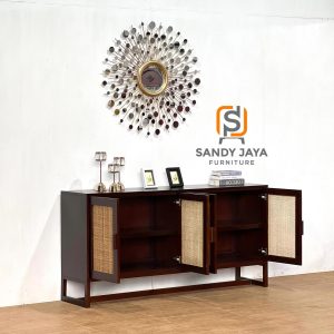 Bufet Minimalis Kayu Jati Kombinasi Rotan Elegan 4 Pintu