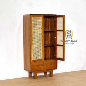Lemari pakaian 2 pintu kayu jati kombinasi rotan Sandy Jaya Furniture