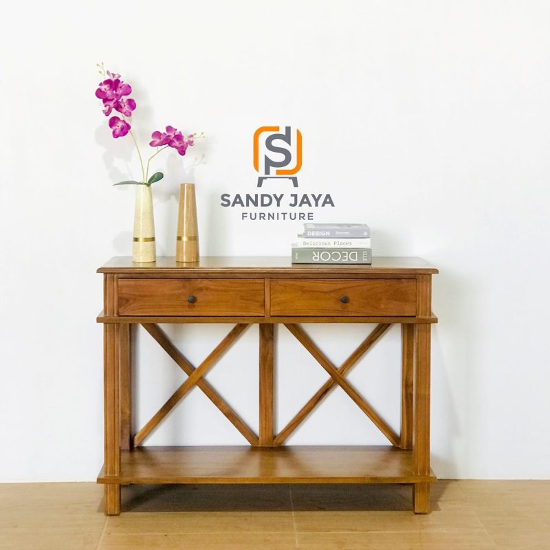 Meja konsul kayu jati minimalis 2 laci dengan rak bawah dan aksen silang dekoratif