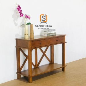 Meja konsul kayu jati minimalis 2 laci dengan rak bawah dan aksen silang dekoratif